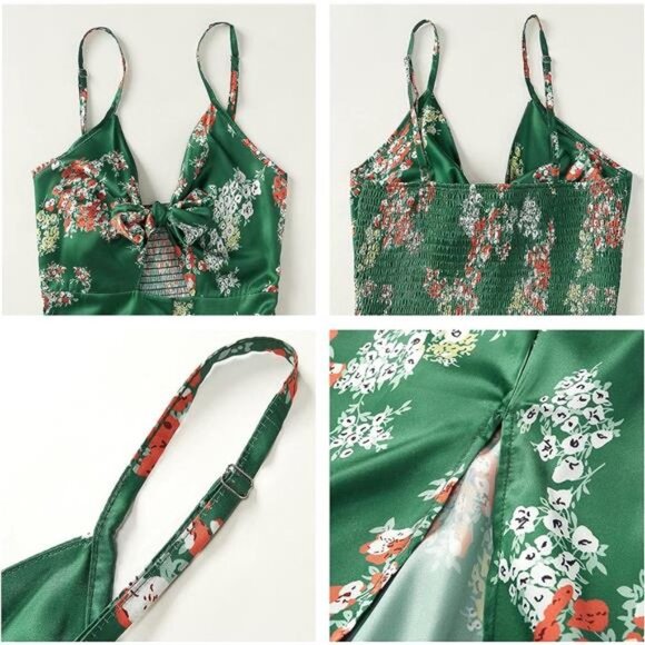Green Floral Print Satin Tie Front A-Line Cami Dress Flowy Midi Party Dress - Picture 4 of 5